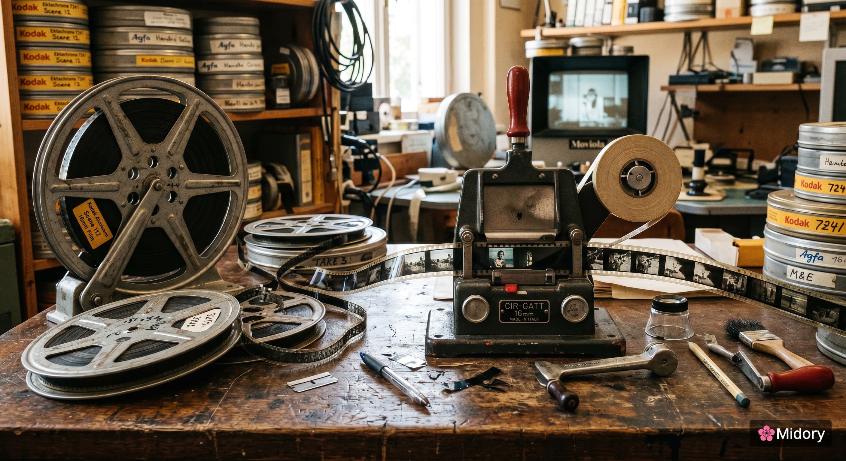 Vintage 16mm film reels and a film editing splicer on a wooden editing bench