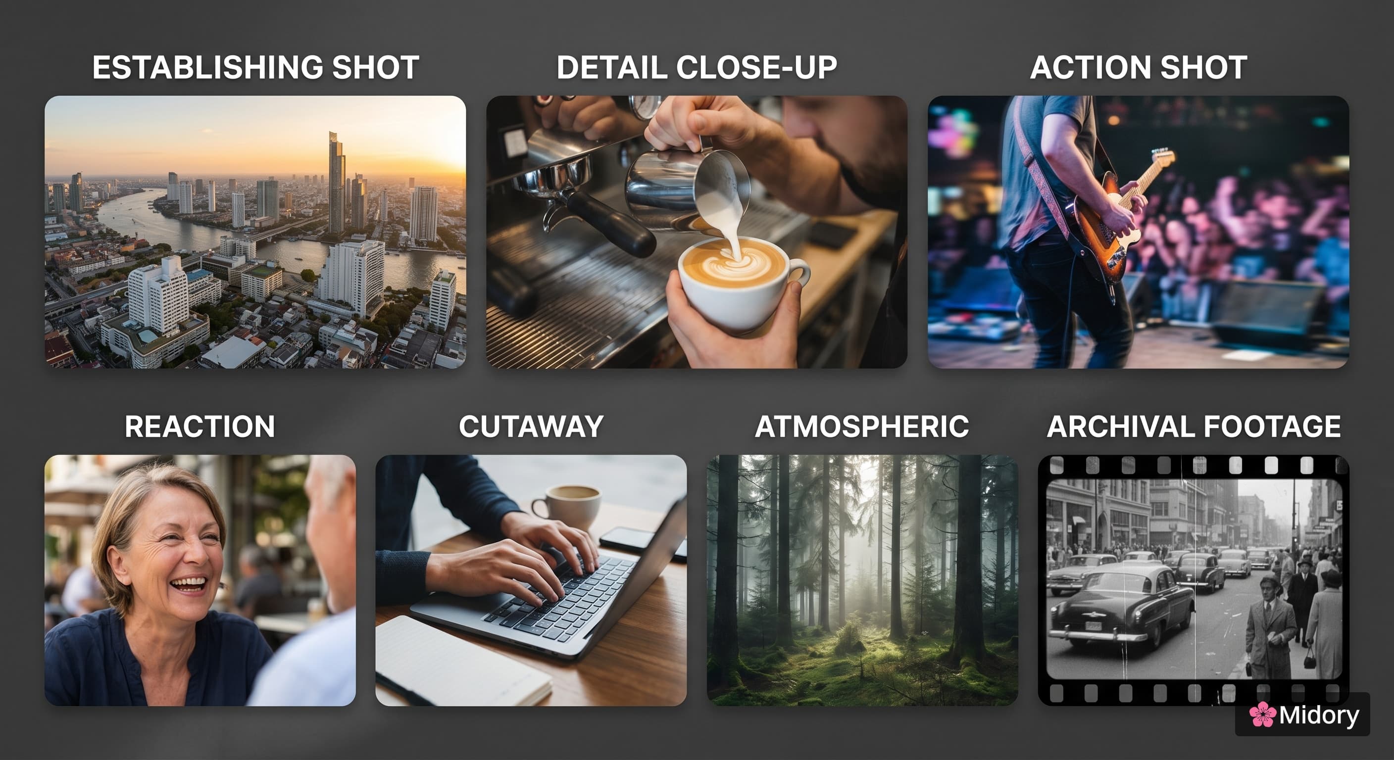 Grid of seven b-roll types: establishing shot, detail close-up, action shot, reaction, cutaway, atmospheric, and archival footage