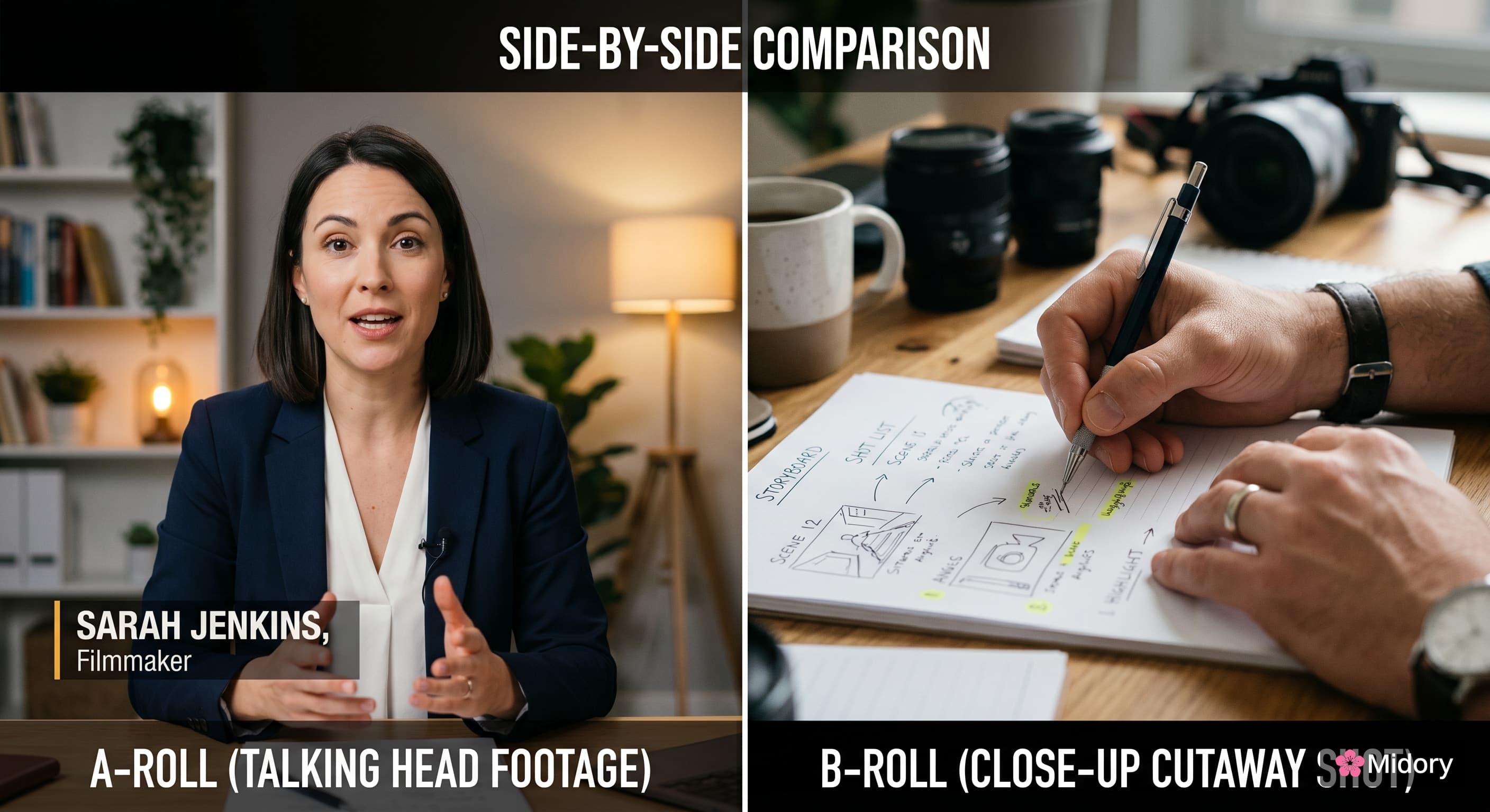 Side-by-side comparison of A-roll talking-head footage and B-roll close-up cutaway shot