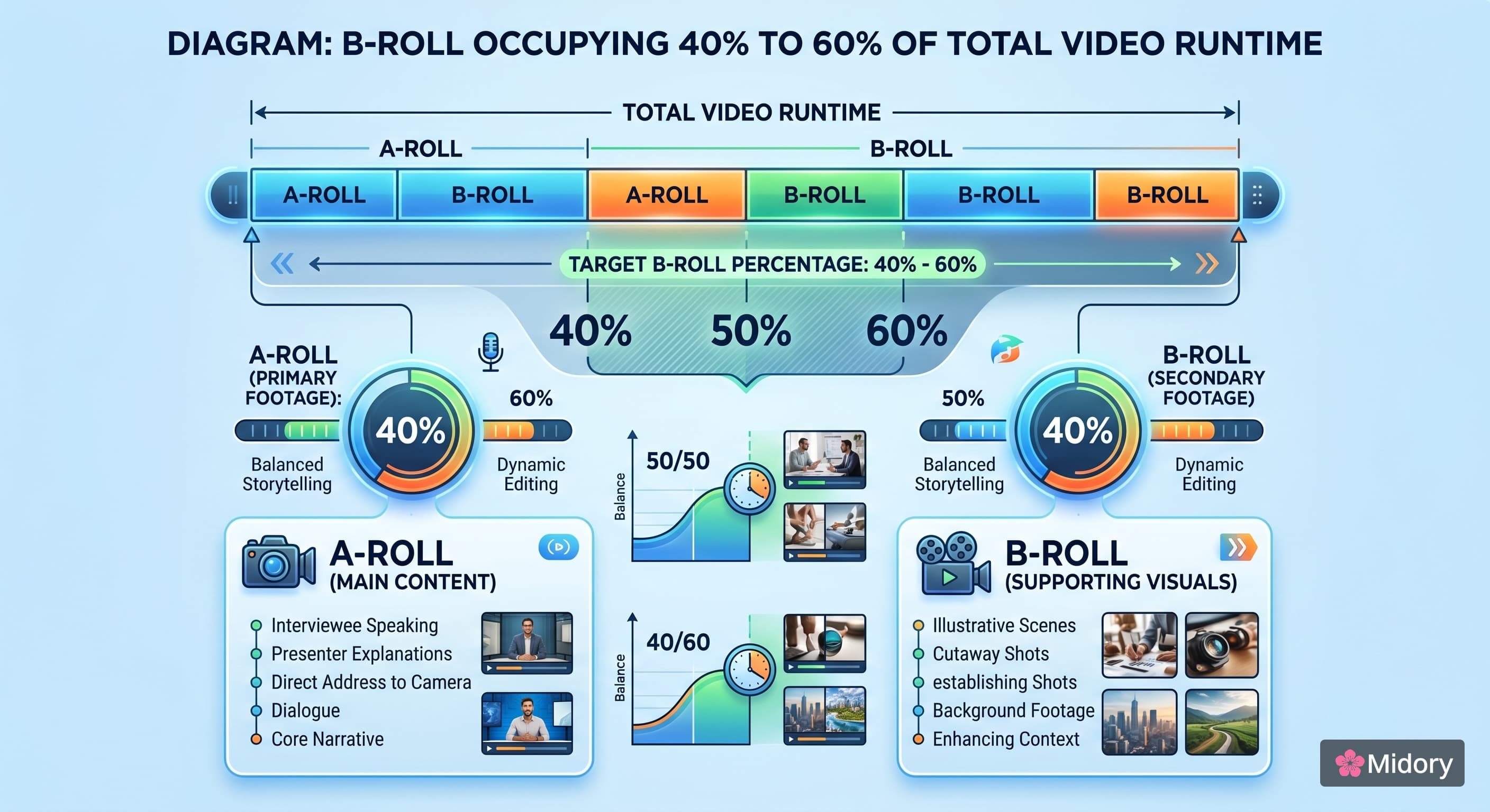 Diagram showing b-roll occupying 40 to 60 percent of total video runtime versus a-roll